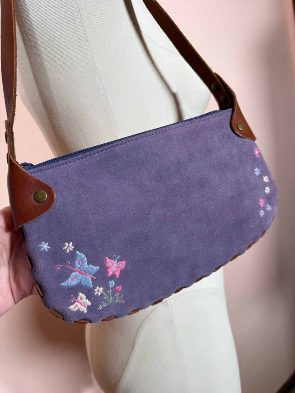 Vintage Y2K GAP Purple suede Leather Embroidered Southwestern small hobo Bag